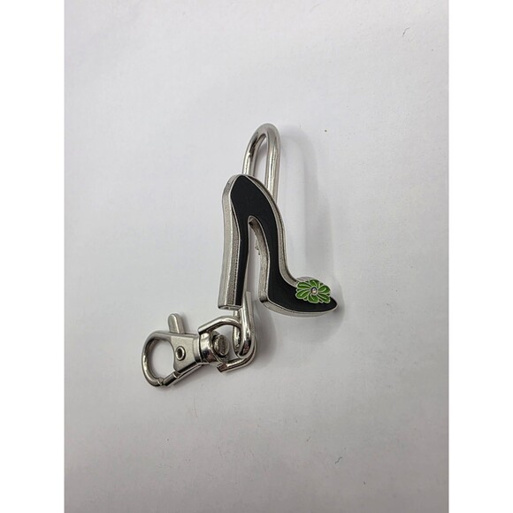 Alexx Purse Hook Keyring Bag Hanger Black w\ Green High Heel Sivertone - Picture 1 of 5